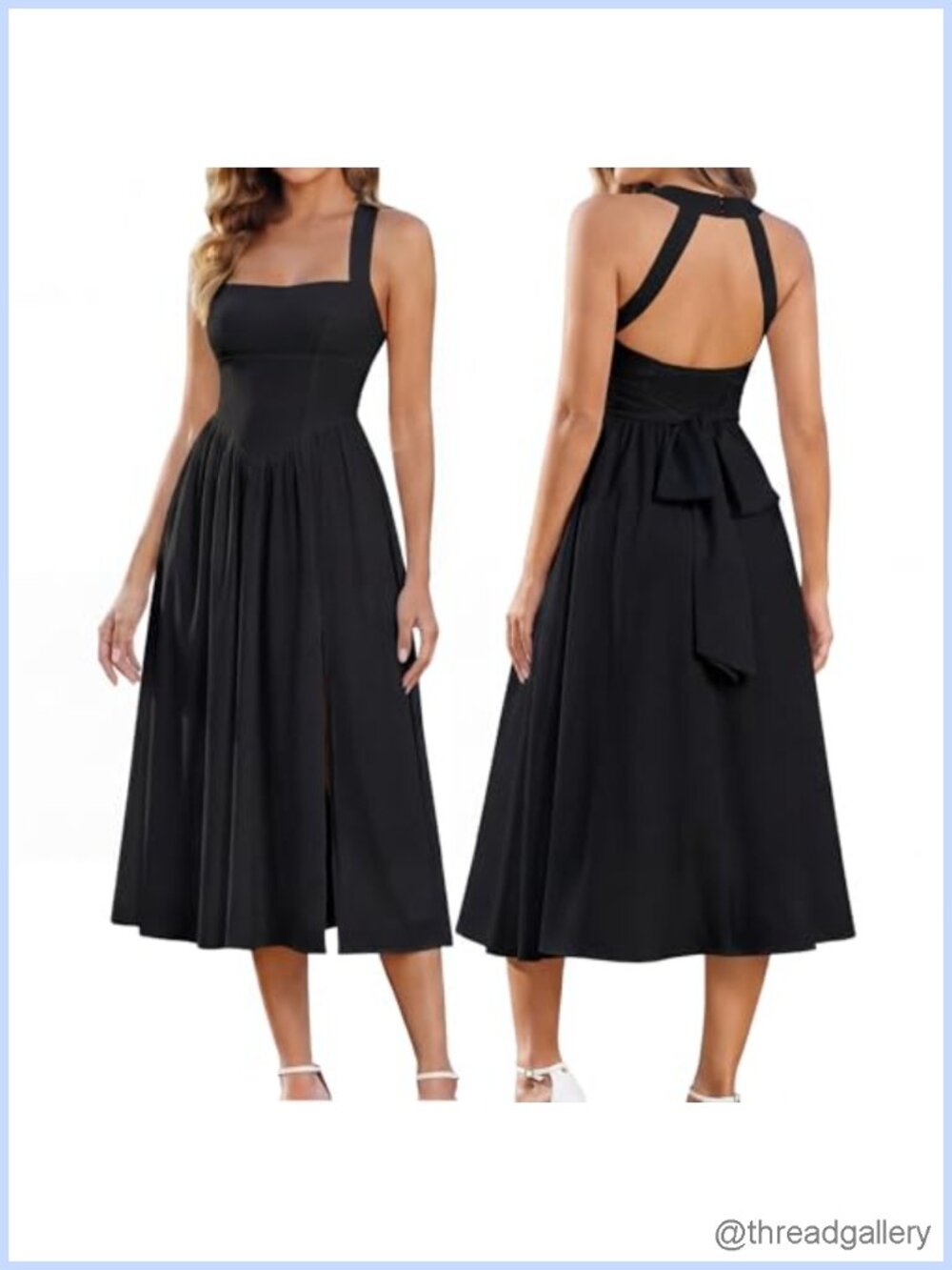 Halter Midi Corset Dress Bow Tie Back Flowy Slit A-Line Wedding Guest